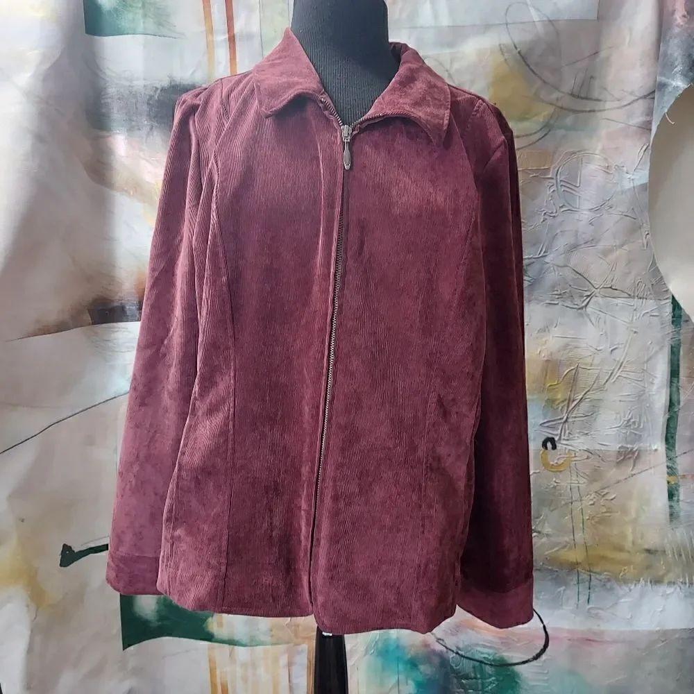 Christopher & Banks burgundy corduroy fitted zip up jacket with back sintched wa
